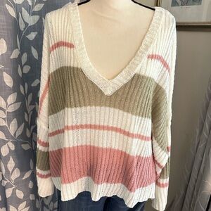 POL Striped V-Neck Sweater - White, Pink, and Tan